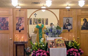 Bishop Robert Pipta of the Byzantine Catholic Eparchy of Parma, Ohio, celebrates a Divine Liturgy on Saturday, May 11, 2024, at the Byzantine chapel at Wyoming Catholic College, on the occasion of the installation and blessing of the new shrine. Credit: Julian Kwasniewski/Wyoming Catholic College