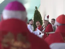 Pope Francis speaking at the Expo center in Nur-Sultan, Kazakhstan, where he celebrated an outdoor Mass on Sept. 14, 2022.