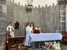 Chaldean Patriarch Cardinal Louis Raphael Sako presides over the dedication ceremony of the altar of the Church of Our Lady of Perpetual Help in Mosul, Iraq. April 5, 2024.