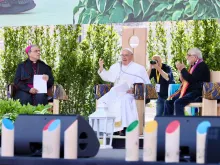 Pope Francis speaks to pilgrims gathered in the arena in Verona, Italy, on May 18, 2024.