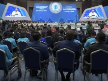 Pope Francis speaking at the 7th Congress of Leaders of World and Traditional Religions in Nur-Sultan, Kazakhstan, Sept. 15, 2022.