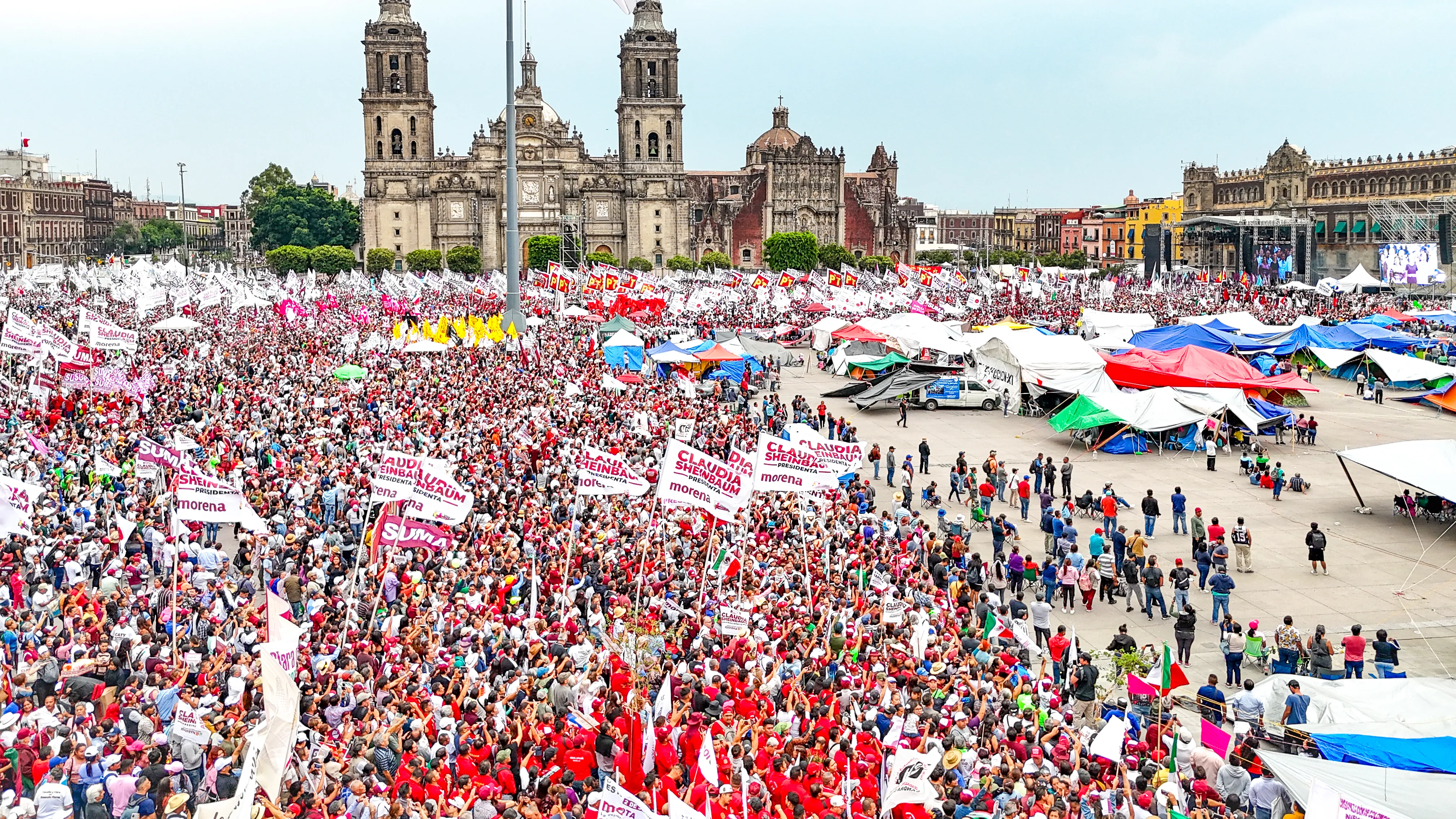 The cathedral church of Mexico City, the Metropolitan Cathedral of the Assumption of the Most Blessed Virgin Mary into Heaven, in the historic center of the city, is seen here on May 29, 2024, during the closing campaign rally of the country's victorious presidential candidate, Claudia Sheinbaum.?w=200&h=150