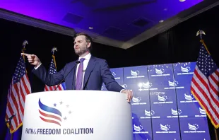 Sen. J.D. Vance, R-Ohio, speaks to the Faith and Freedom Coalition’s “God and Country Breakfast” in Milwaukee on July 18, 2024. Vance told the audience he was raised Christian but became an atheist when he was in law school before coming into the Catholic Church later in his adult life. He blamed the “arrogance” of atheism for “a lot of secular culture in our country today.” Credit: Anna Moneymaker/Getty Images