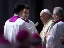 Pope Francis addresses the crowd at the proclamation of the papal bull “Spes Non Confudit,” meaning “Hope Does Not Disappoint,” at the Vatican on Thursday, May 9, 2024.