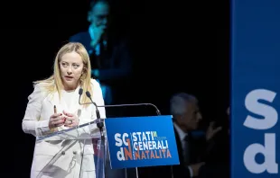 Italy's Prime Minister Giorgia Meloni speaks during a conference on “The General State of the Birth Rate” in Rome on May 12, 2023. Credit: Daniel Ibañez/CNA