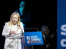 Italy's Prime Minister Giorgia Meloni speaks during a conference on “The General State of the Birth Rate” in Rome on May 12, 2023.