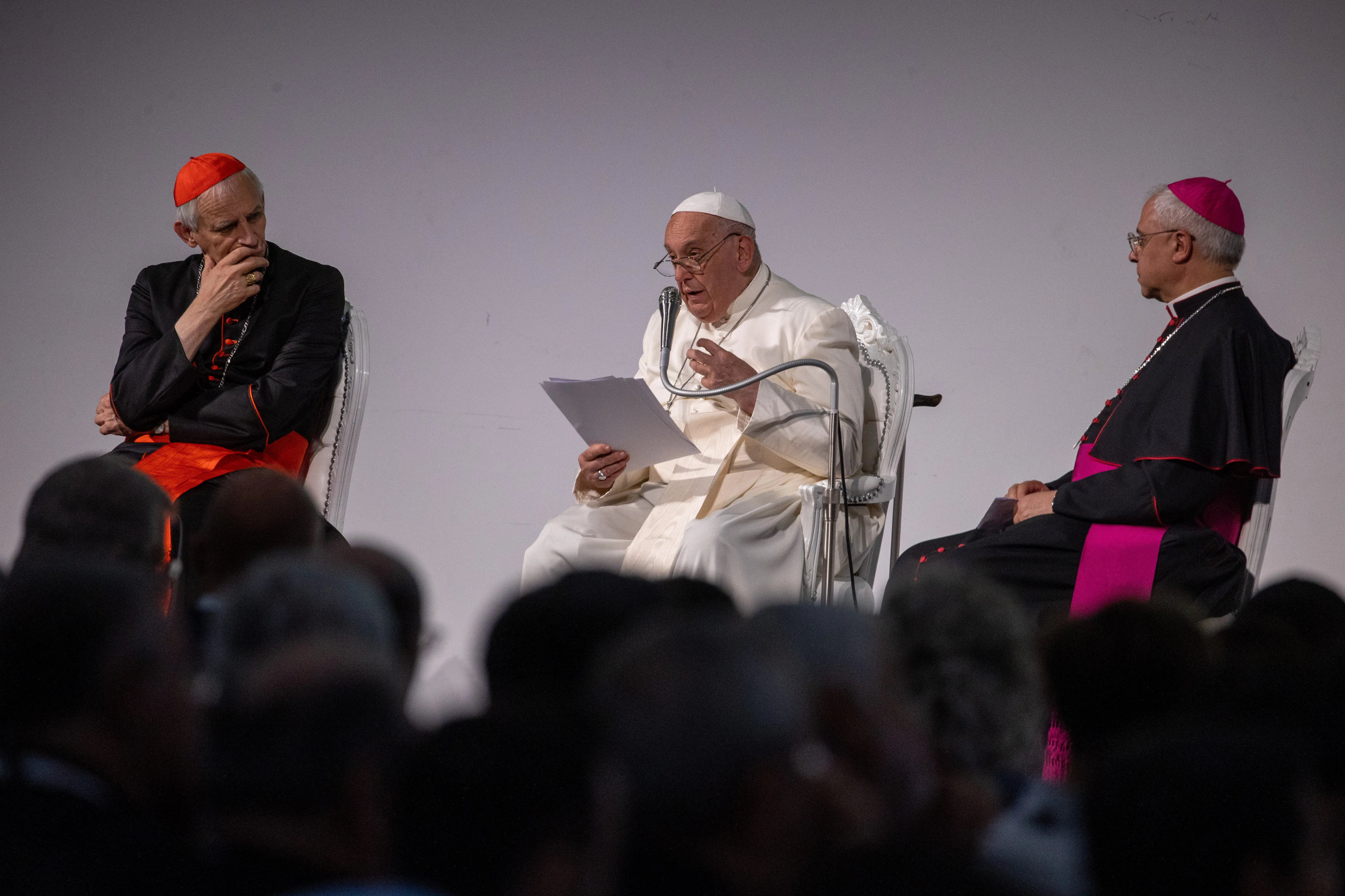 Pope Francis speaks at the 50th annual Social Week of Catholics in Trieste, Italy, on the morning of July 7, 2024. At his arrival in the northern Italian city, he was greeted by Archbishop Luigi Renna, president of the organizing committee (right), and Cardinal Matteo Maria Zuppi, president of the Italian bishops' conference (left).?w=200&h=150