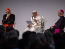 Pope Francis speaks at the 50th annual Social Week of Catholics in Trieste, Italy, on the morning of July 7, 2024. At his arrival in the northern Italian city, he was greeted by Archbishop Luigi Renna, president of the organizing committee (right), and Cardinal Matteo Maria Zuppi, president of the Italian bishops' conference (left).