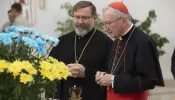 Vatican Secretary of State Cardinal Pietro Parolin meets with Major Archbishop Sviatoslav Shevchuk at the Cathedral of the Resurrection of Christ in Kyiv on Sunday, July 21, 2024.