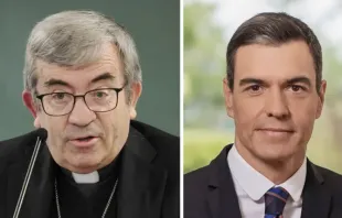 Archbishop Luis Argüello and Spanish Prime Minister Pedro Sánchez. Credit: Archdiocese of Valladolid; La Moncloa