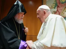 Aram I, the top leader of the Armenian Church of Cilicia, meets with Pope Francis at the Vatican on June 12, 2024.