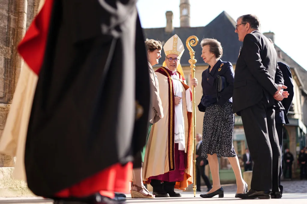 Bishop Jacques Habert of the Diocese of Bayeux and Lisieux in France greets Britain’s Princess Anne (right) on June 5, 2024, as she arrives to attend the Commonwealth War Graves Commission’s annual service of remembrance at Bayeux Cathedral in Bayeux, Normandy, northwestern France, as part of the events to mark the 80th anniversary commemorations of Allied amphibious landing (D-Day landings) in France in 1944.?w=200&h=150