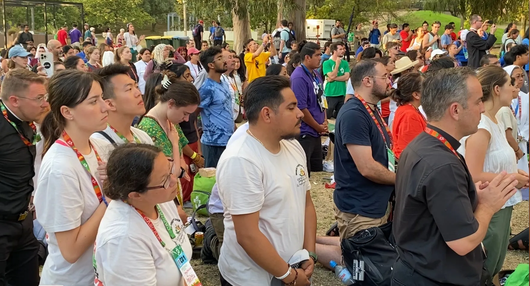 Pilgrims kneel in adoration at a World Youth Day event in Lisbon, Portugal, Aug. 2, 2023. The event was hosted by the U.S. bishops’ conference and featured a talk by Bishop Robert Barron culminating in a eucharistic procession and Holy Hour.?w=200&h=150