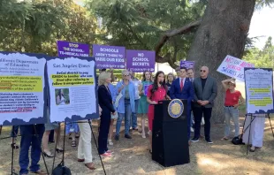 Sonja Shaw (center), president of the Chino Valley Unified School District in California, speaks at a press conference before the education committee hearing in the assembly on June 26, 2024. Credit: Photo courtesy of Liberty Justice Center, California Family Council