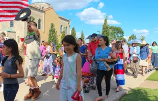 Families joined the procession as the Eucharist left the Shrine of St. Rose Philippine Duchesne, headed for St. Peter Parish. Credit: Jonah McKeown/CNA