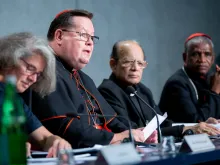 Cardinal Gerald Lacroix of Quebec speaks at a press briefing on the synod at the Holy See press office, Oct. 9, 2018.