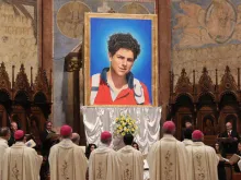 An image of Carlo Acutis was unveiled at his beatification Mass in Assisi, Italy Oct. 10, 2020.