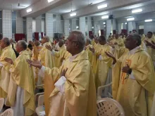 Indian Catholics bishops pray at the closing of the their Feb. 7, 2024, conference.