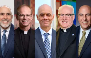 From left to right: Robert Neal, chairman of The Catholic University of America’s Board of Trustees; Father Robert Dowd, president of the University of Notre Dame; George Harne, president of Christendom College; Monsignor Joseph Reilly, president of Seton Hall University; and Gerard Joyce, president of Mount St. Mary’s University. Credit: Courtesy of Robert Neal and The Catholic University of America; Matt Cashore/University of Notre Dame; Courtesy of Christendom College; Courtesy of Seton Hall University; Courtesy of Mount St. Mary’s University