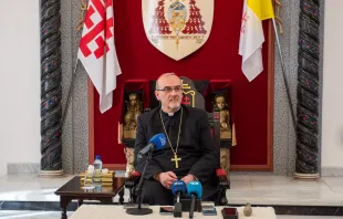 Cardinal Pierbattista Pizzaballa, Latin patriarch of Jerusalem, listens to a question during the May 20, 2024, press briefing with a small group of journalists at the Latin Patriarchate headquarters in Jerusalem about his recent visit to visit the Catholic community in Gaza. Credit: Marinella Bandini