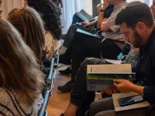 A reporter from an Israeli news outlet at a press conference hosted by the Rossing Center for Education and Dialogue. The Center presented its report called “Attacks on Christians in Israel and East Jerusalem” on June 4, 2024, at the Tantur Ecumenical Institute in Jerusalem.