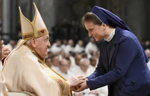 Pope Francis greets a woman religious at a Mass on the World Day of Consecrated Life, the feast of the Presentation of the Lord, on Feb. 2, 2024, in St. Peter's Basilica at the Vatican. Credit: Vatican Media