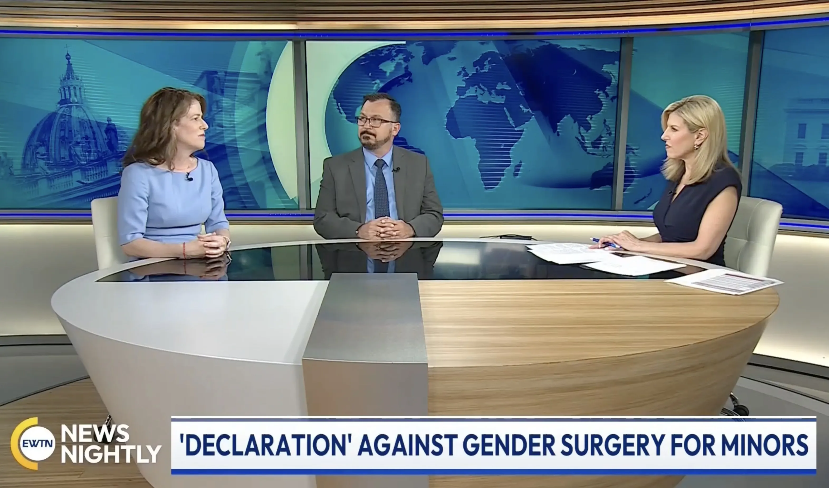 Jill Simons, the executive director of the American College of Pediatricians (left) and Catholic Medical Association Executive Director Mario Dickerson (center) talk with “EWTN News Nightly” anchor Tracy Sabol on June 6, 2024.?w=200&h=150