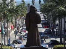 View of Father Serra Statue and California Street from steps of Ventura City Hall.