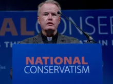 Father Benedict Kiely, founder of Nasarean.org, speaks during a panel discussion on Day 2 of The National Conservatism Conference at the Claridge on April 17, 2024, in Brussels, Belgium.