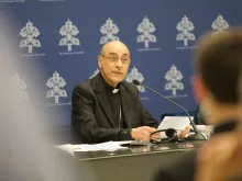 Cardinal Víctor Manuel Fernández, prefect of the Dicastery for the Doctrine of the Faith, presides over a press conference on Friday, May 17, 2024, on the Vatican’s new document on Marian apparitions.