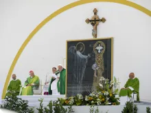 An image of the annunciation and the incarnation — when God became man in the womb of the Virgin Mary — was placed close to the altar during a Mass Pope Francis celebrated on July 7, 2024, in Trieste, Italy. The pope was in Trieste to attend the last morning of a July 3-7 Catholic conference on the topic of democracy.