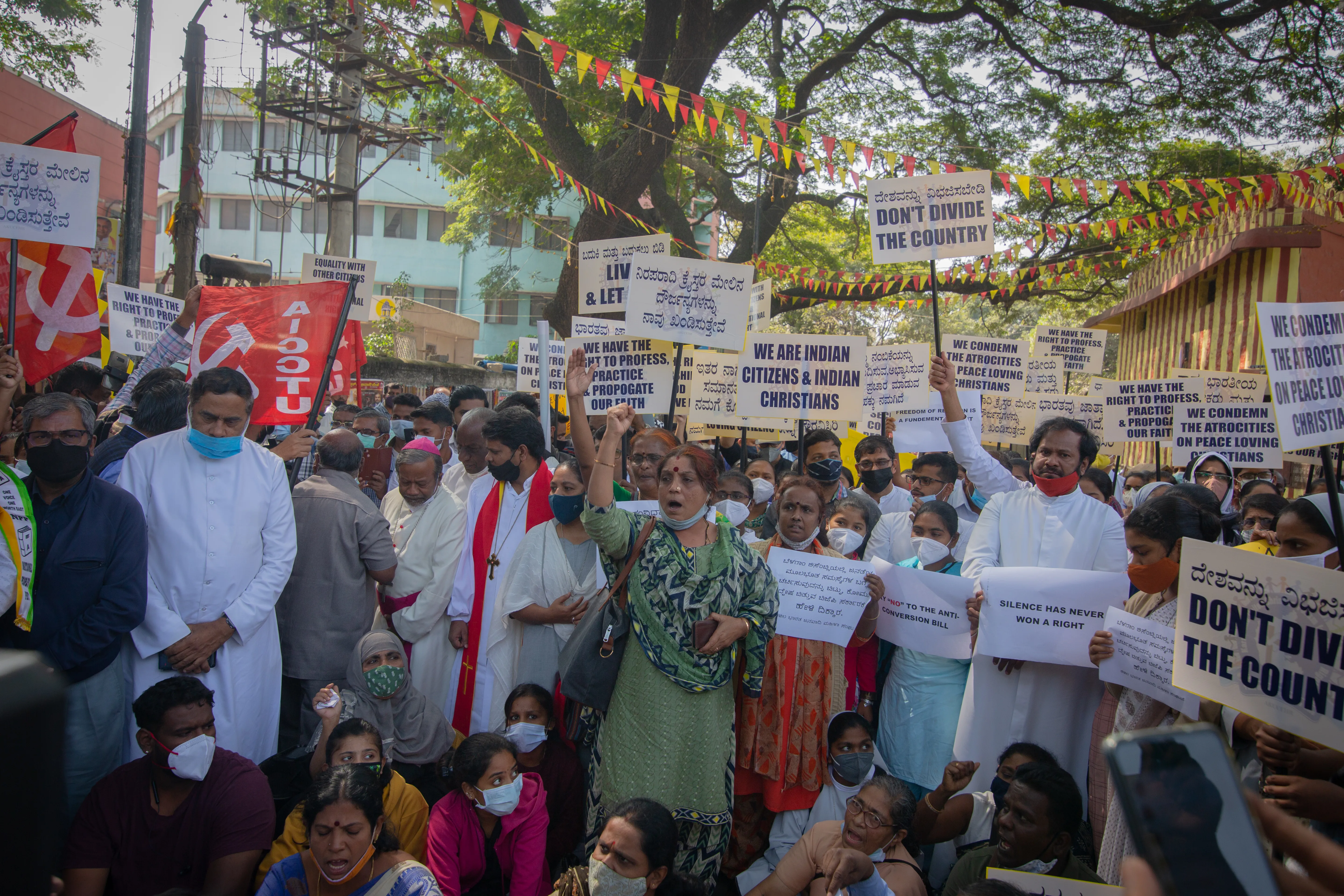 Activists wave placards and chant slogans as they participate in a demonstration against the Protection of Right to Freedom of Religion Bill, also known as the Anti-Conversion Bill, on Dec. 22, 2021, in Bengaluru, India.?w=200&h=150