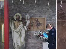 A member of New South Wales Forensic Police is seen at Christ the Good Shepherd Church in the Sydney suburb of Wakeley, Australia, on April 16, 2024. Hundreds clashed with police in western Sydney on April 15 after Bishop Mar Mari Emmanuel was stabbed at the altar. New South Wales police have declared the attack a terror event. Police apprehended a 16-year-old in connection with the attack.