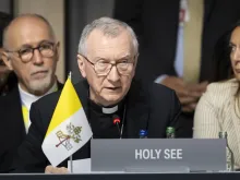 The Vatican's Secretary of State Cardinal Pietro Parolin attends a plenary session at the summit on peace in Ukraine at the luxury Burgenstock resort near Lucerne, Switzerland, on June 16, 2024.