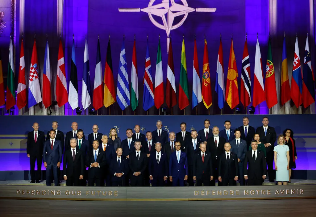 Heads of state pose for a group photo during the NATO 75th anniversary celebratory event at the Andrew Mellon Auditorium on July 9, 2024, in Washington, D.C.?w=200&h=150