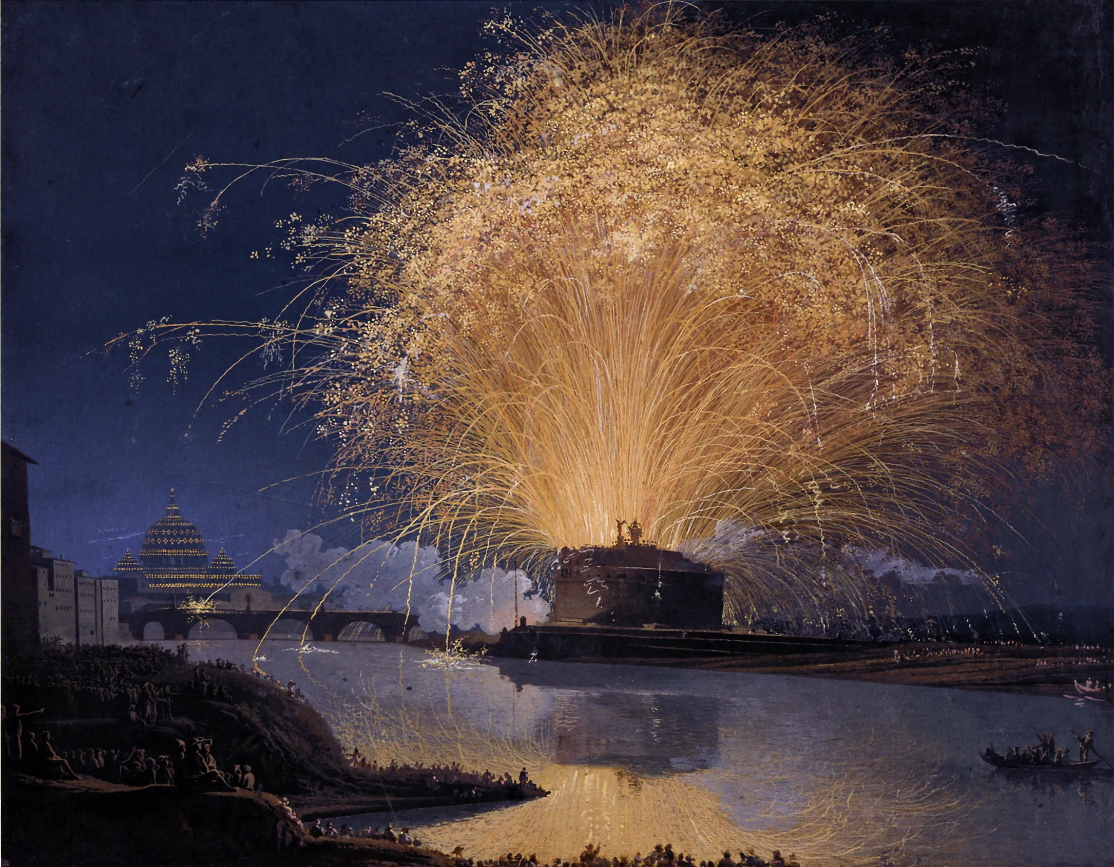 A 1775 painting of the fireworks over Castel Sant’Angelo in Rome, painted by Jakob Philipp Hackert.?w=200&h=150