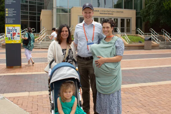 Peter and Naomi Atkinson, and Naomi's mother Marlin, came to the Eucharistic Congress from Chicago with their two young children. Credit: Jonah McKeown/CNA