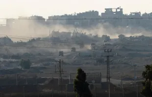 An Israeli army convoy leaves the Gaza Strip as seen from a position on the Israeli side of the border on July 3, 2024 in southern Israel. Credit: Amir Levy/Getty Images