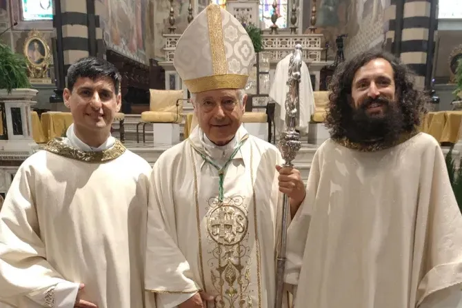 Bearded former punk band guitarist Father Giulio Vannucci and former policeman Father Michele Di Stefano flank Bishop Giovanni Nerbini following their June 8, 2024, ordination to the Catholic priesthood.?w=200&h=150