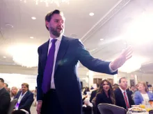 Republican vice presidential candidate Sen. J.D. Vance, R-Ohio, arrives to the Faith and Freedom Coalition’s “God and Country Breakfast” at the Pfister Hotel on July 18, 2024 in Milwaukee.