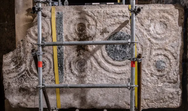 The front panel of the Crusader high altar as it looks today. Approximately two-thirds of the original stone slab has been preserved. Credit: Shai Halevi/Israel Antiquities Authority