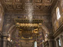 Rose petals fall in St. Mary Major Basilica Aug. 5, 2017 to commemorate the "miracle of the snow."