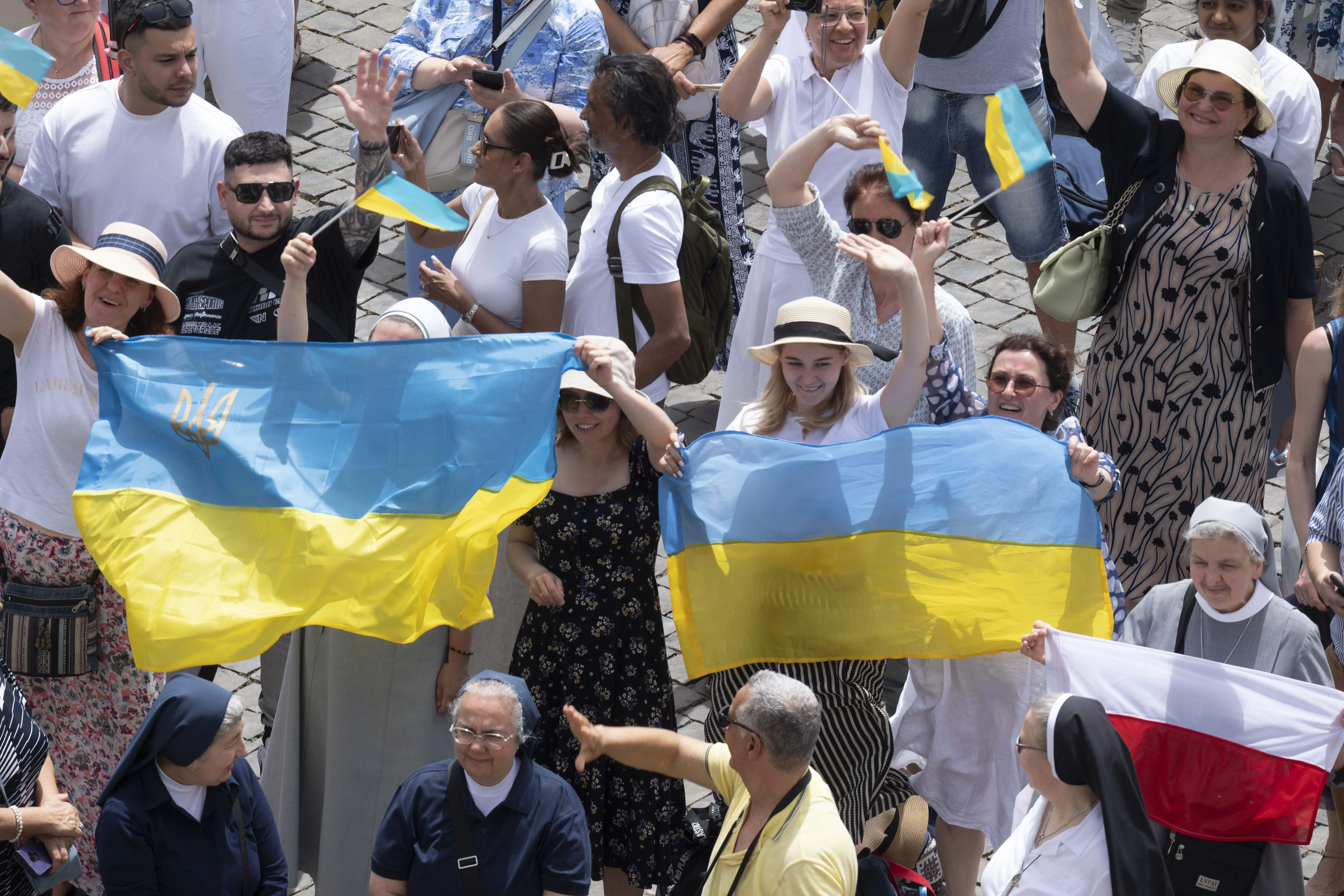 At his Angelus address June 9, 2024, Pope Francis  asked people to pray for the people who are suffering in Myanmar and in Ukraine, giving a special shoutout to some Ukrainians who were in the crowd waving flags.?w=200&h=150