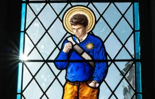 Stained-glass window of Blessed Carlo Acutis at St. Aldhelm’s in Malmesbury, England. Credit: Courtesy of Father Thomas Kulandaisamy/Catholic Herald