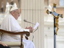 Pope Francis addresses the faithful gathered in St. Peter’s Square for his Wednesday general audience on May 15, 2024, at the Vatican.