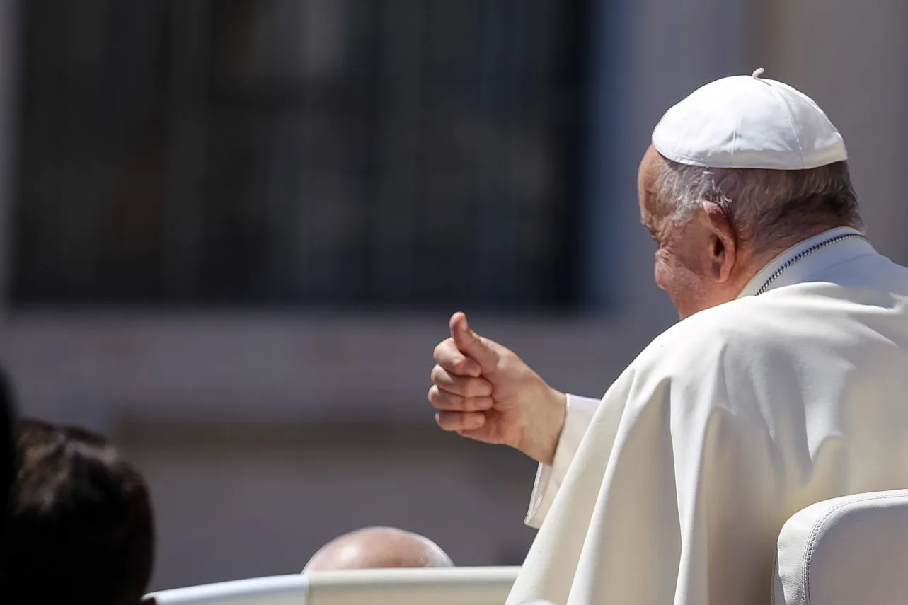 Pope Francis gives a thumbs up to those gathered at his general audience on Wednesday, June 5, 2024, in St. Peter’s Square at the Vatican.?w=200&h=150