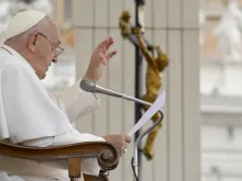 Pope Francis gives a blessing to pilgrims gathered in St. Peter’s Square during his general audience on Wednesday, June 19, 2024.