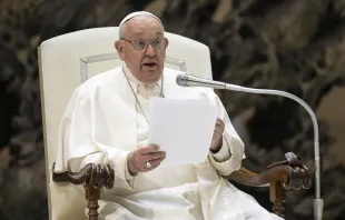 Pope Francis delivers a message during his general audience on Wednesday, May 1, 2024, in Paul VI Hall at the Vatican. Credit: Vatican Media