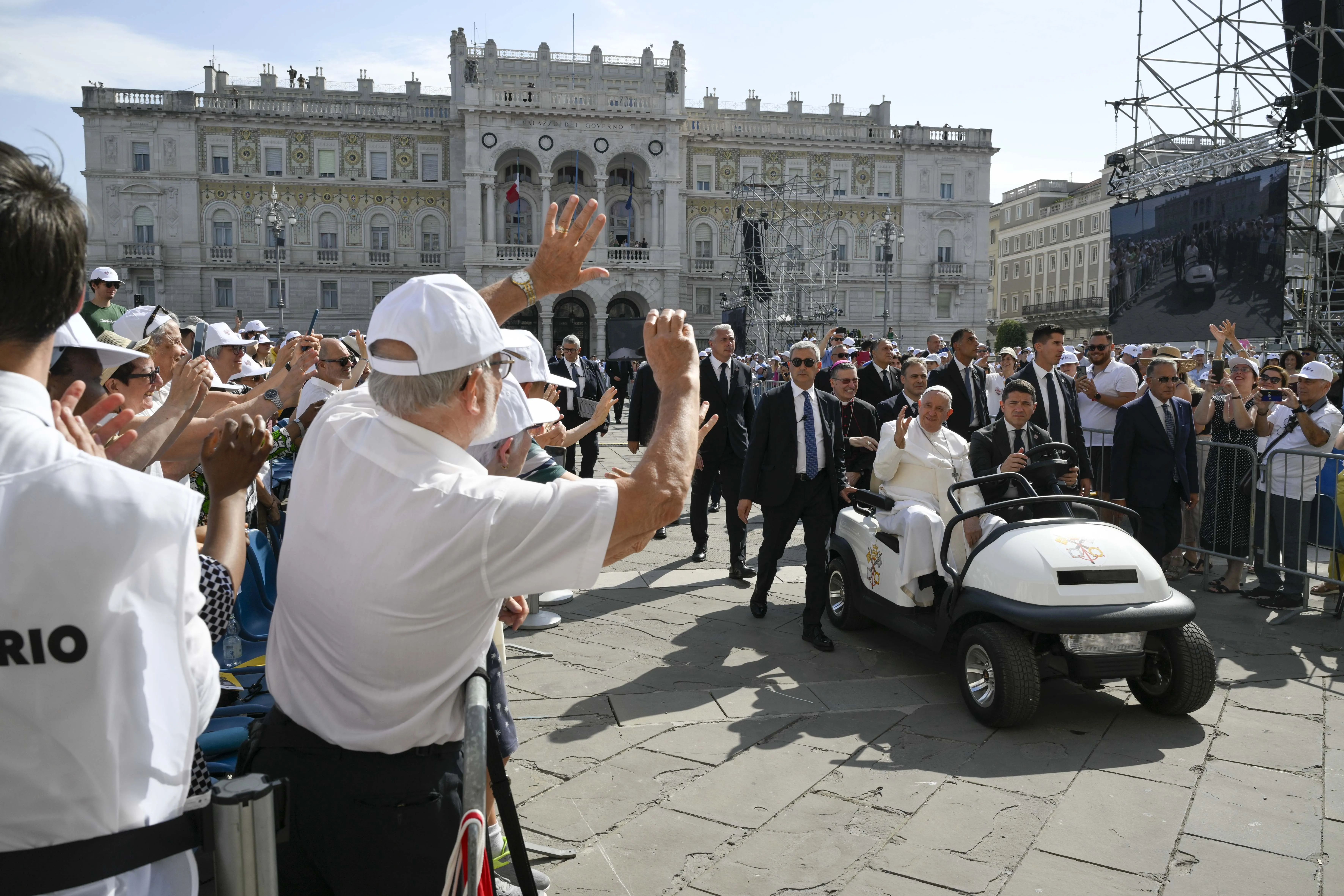 Pope Francis travels between the conference center and Unità d’Italia Square in Trieste, Italy, with a golf cart during his pastoral visit to the northern Italian city on July 7, 2024. In Trieste, the pope addressed around 1,200 participants in a Catholic conference on democracy for the annual Social Week of Catholics.?w=200&h=150