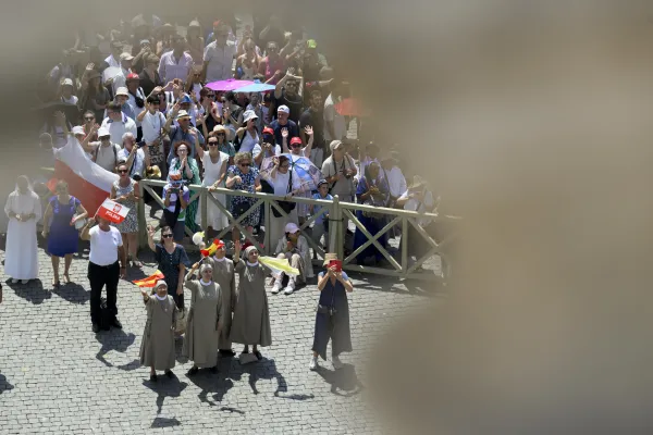 Religious sisters wave Spanish flags at Pope Francis during his weekly Angelus in St. Peter's Square on Sunday, July 21, 2024. Credit: Vatican Media